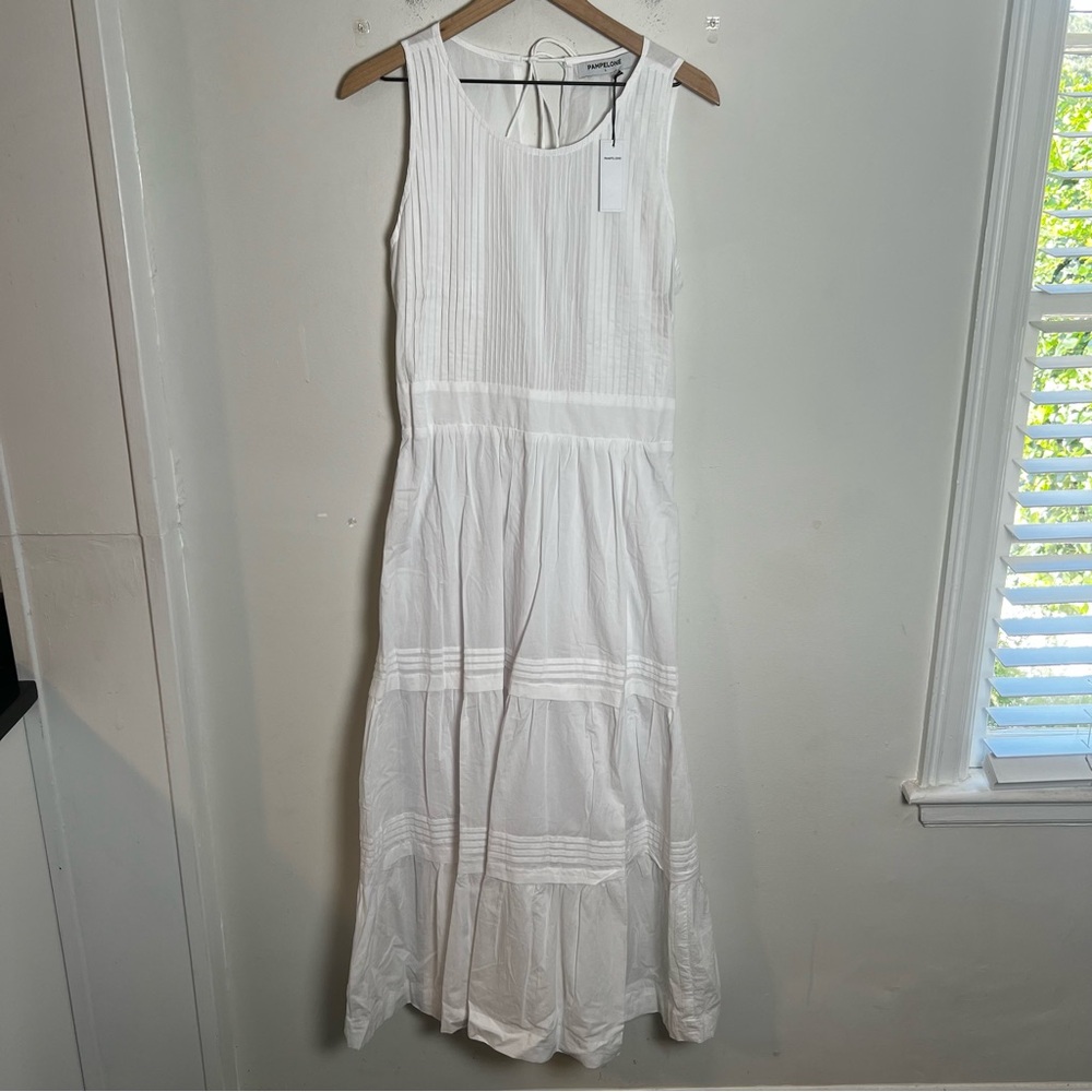 NWT PAMPELONE- Midi Sleeveless Tiered Pleated Perle White Sundress Bridal - Picture 3 of 7